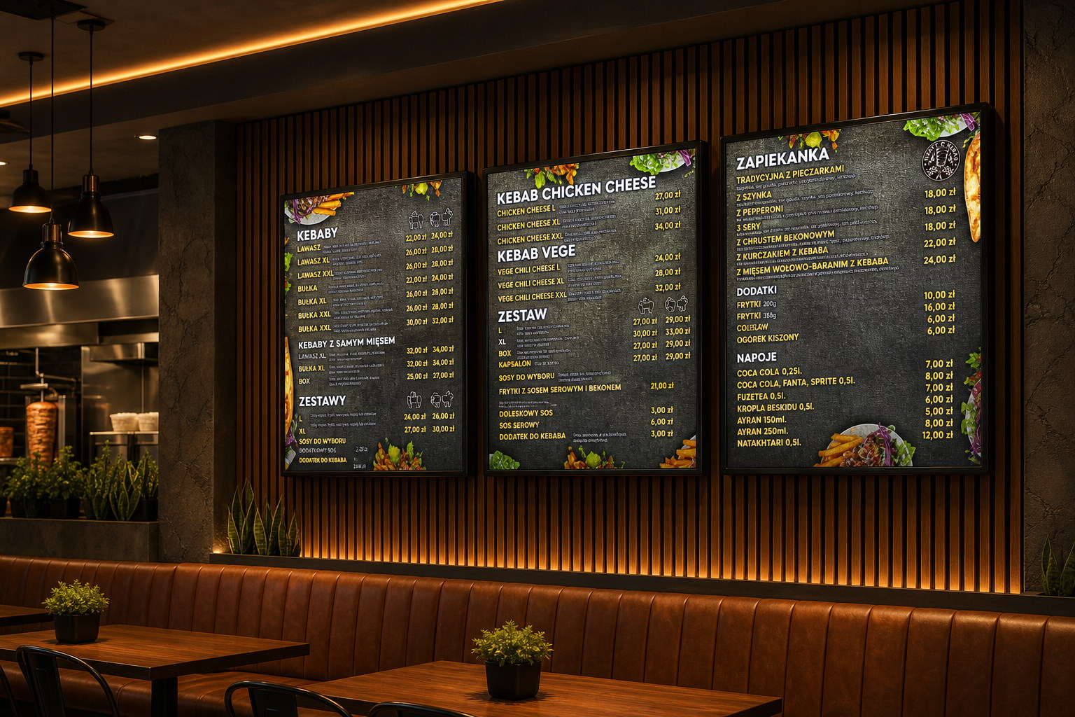 Podświetlane tablice menu Kraft Kebab w eleganckim wnętrzu